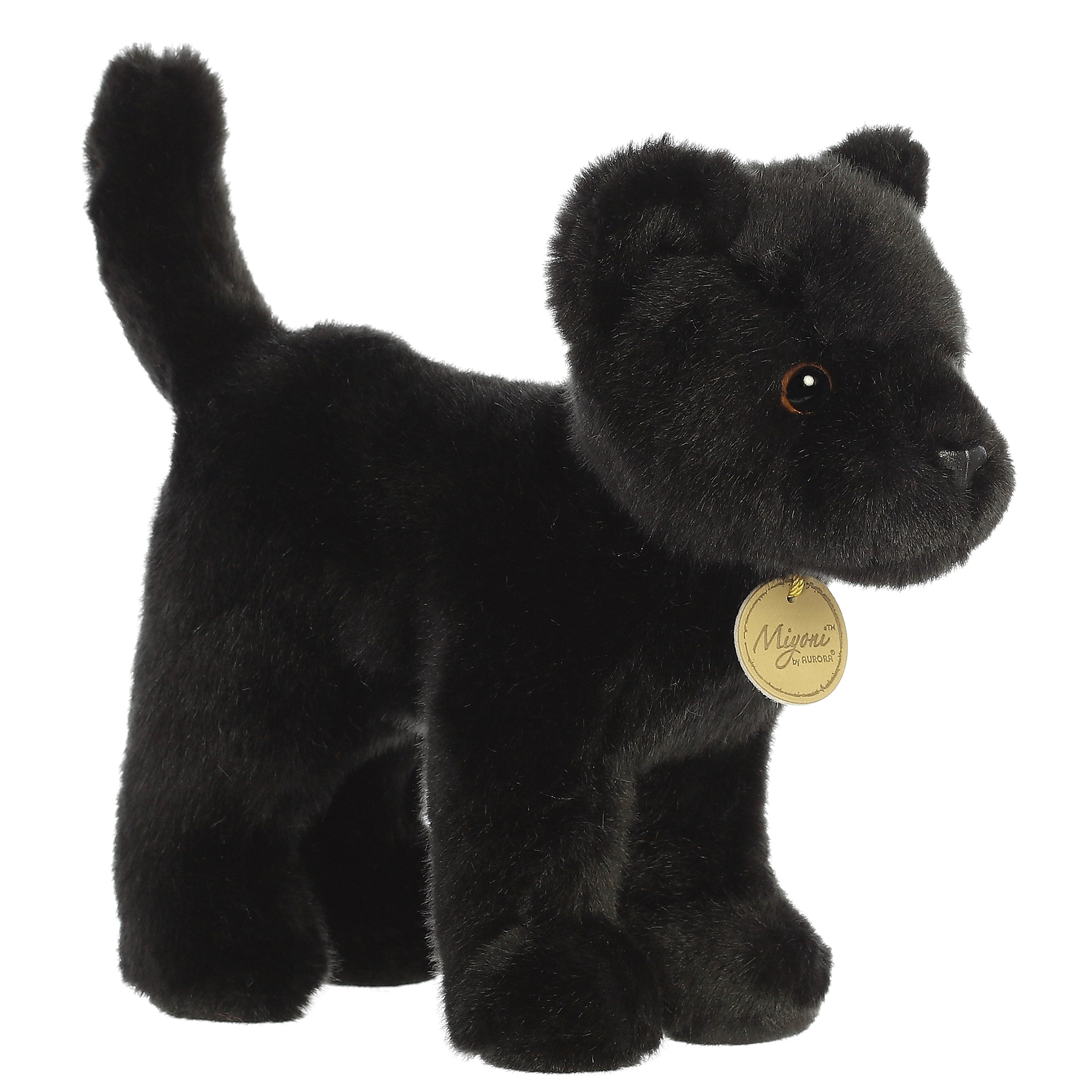 A black panther plush toy from Miyoni by Aurora with sleek fur and bright, piercing eyes.