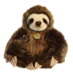 A sloth plush toy from Miyoni by Aurora plush with long brown fur and a gentle, relaxed face.