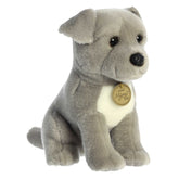 A Pitbull puppy plush toy from Miyoni Tots by Aurora with grey fur and a white patch on its chest.