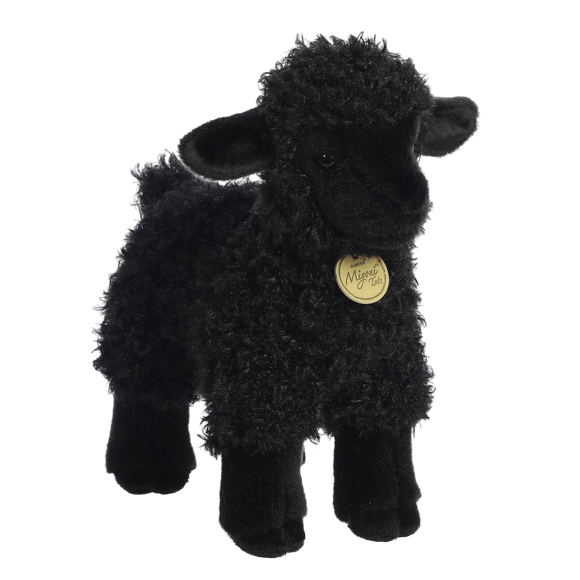 Miyoni Black Lamb Plush with curly black coat, lifelike eyes, eco-friendly, symbolizes nature's gentleness.