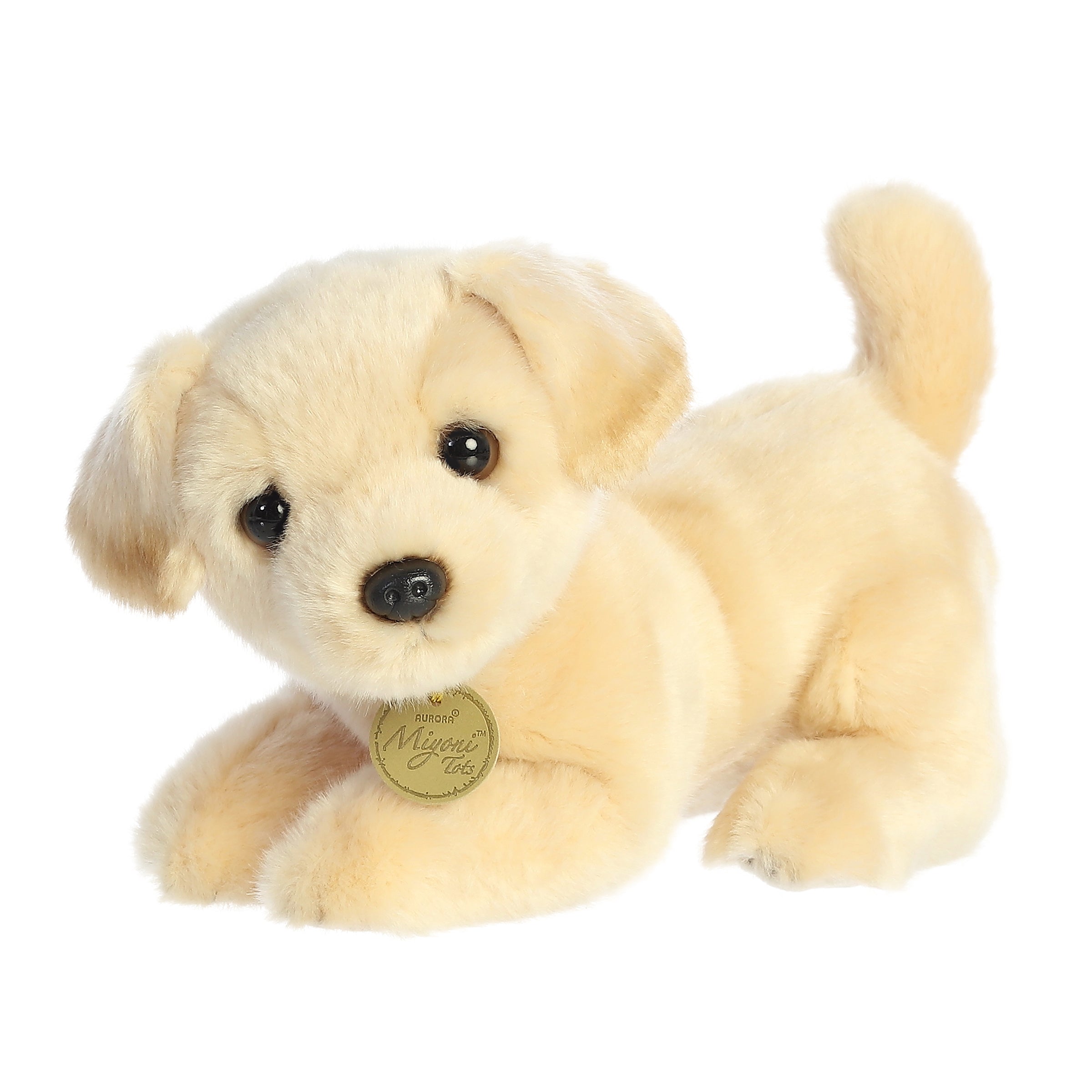 Golden-furred Yellow Lab Pup stuffed animal in a playful pose with tail high, floppy ears, cute plastic nose, and brown eyes.