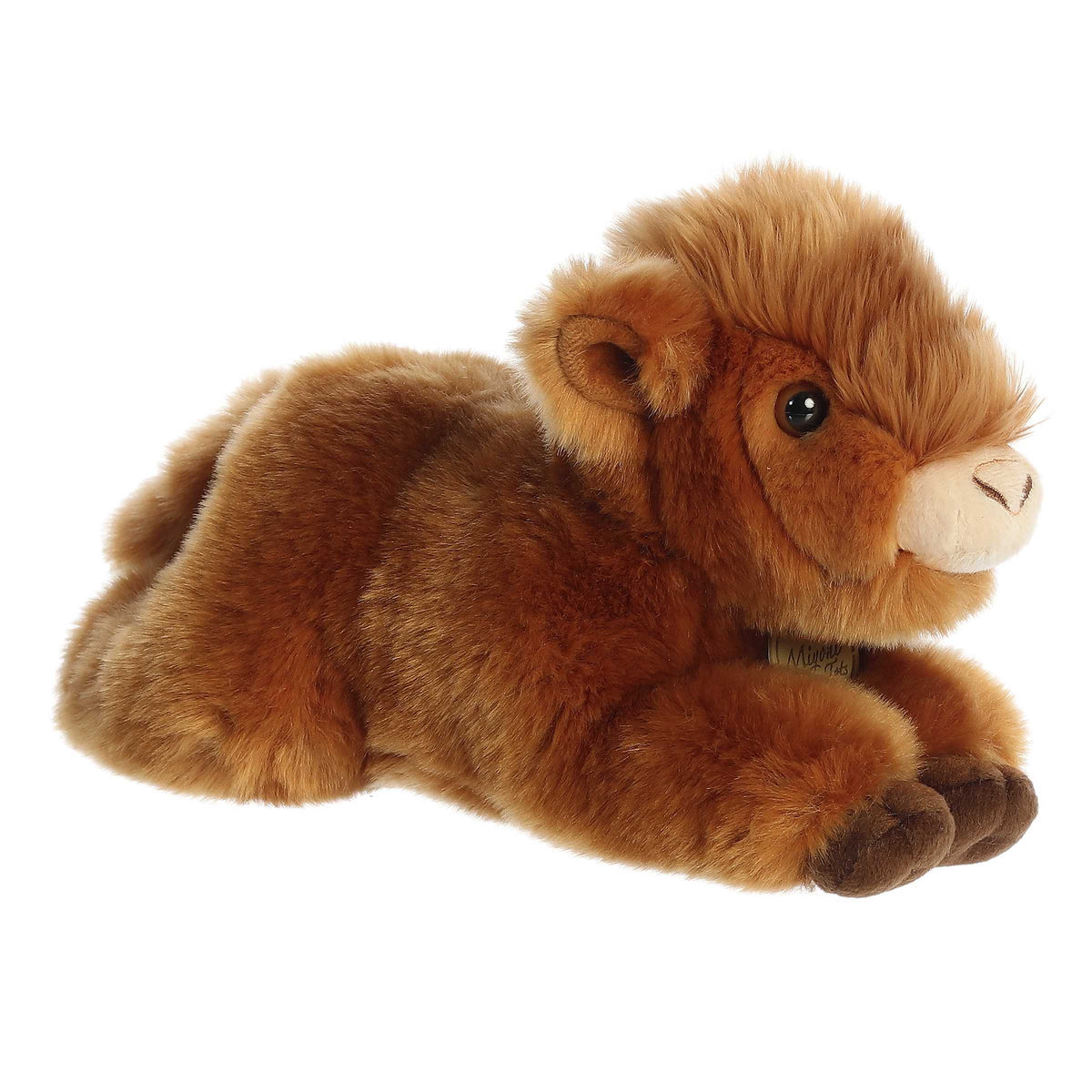 Shaggy ginger Highland Cow Calf plush with sweet little horns, crafted for lifelike charm and cuddles, by Aurora.