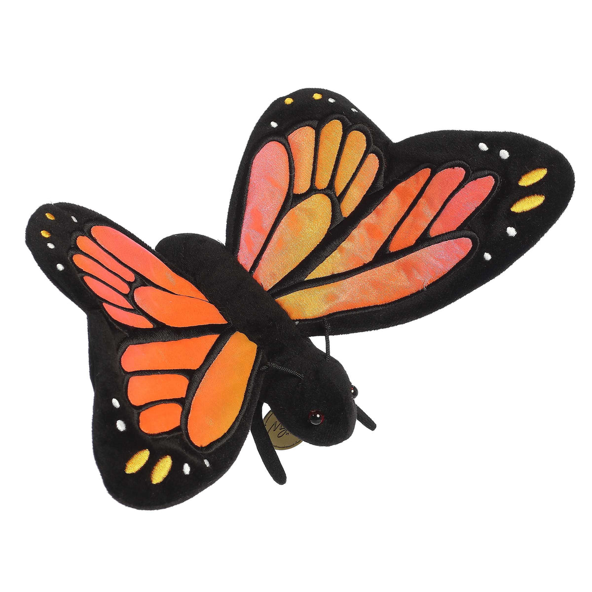 Vibrant orange, black, and white Monarch Butterfly plush with soft, velvety fabric, crafted for authenticity, by Aurora.