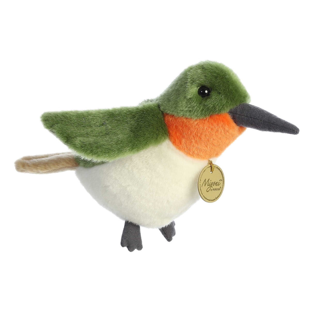 Iridescent green Ruby-Throated Hummingbird plush with a ruby-red throat, designed for realism and softness, by Aurora.