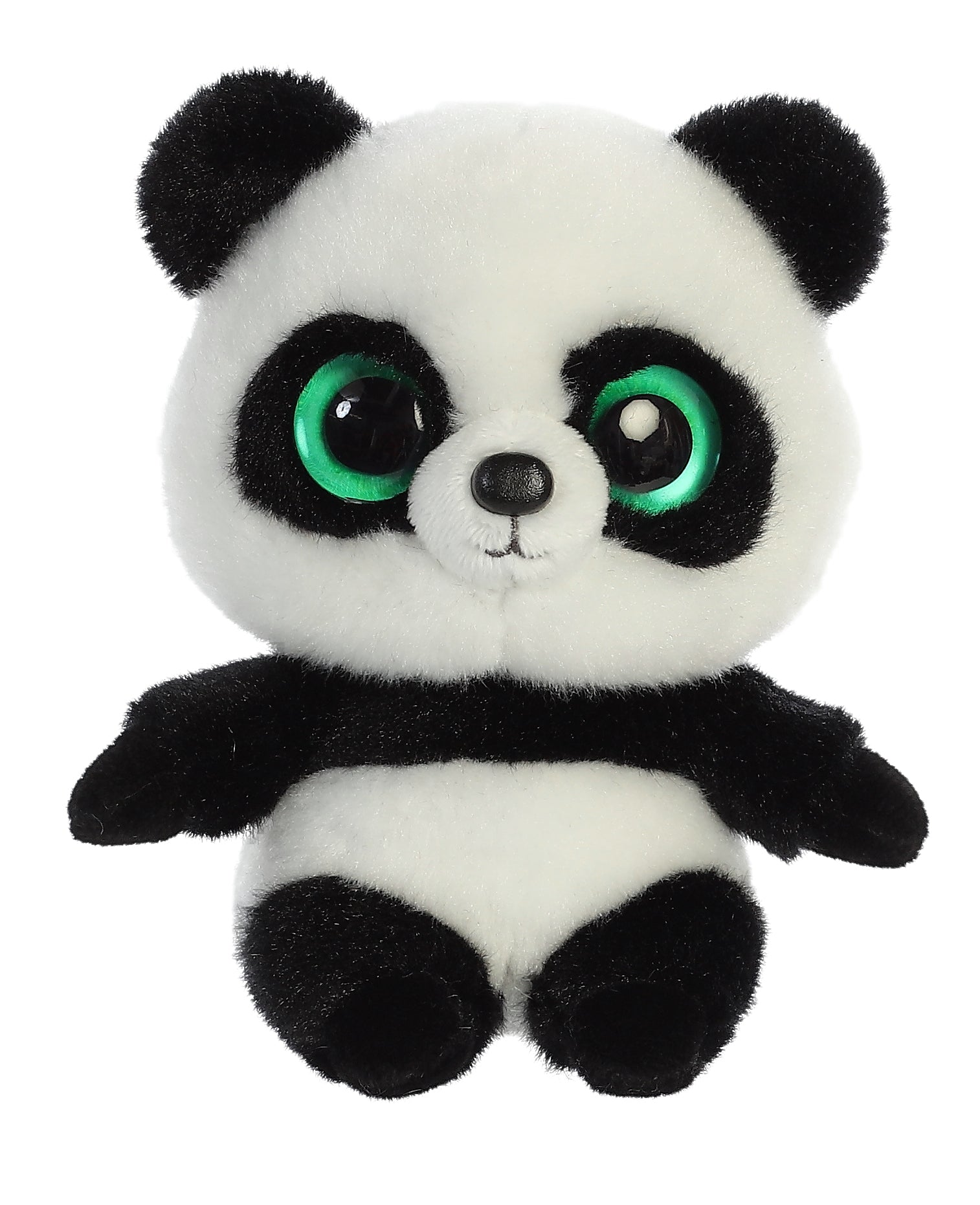 A black and white plush toy from YooHoo and friends plush with round green eyes and classic panda markings.