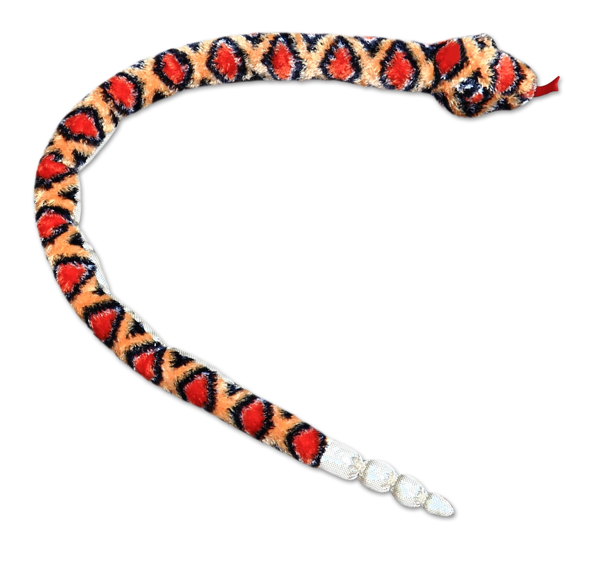 An orange and black diamondback plush snake toy from Aurora with a silver rattle tail and detailed scale patterns.