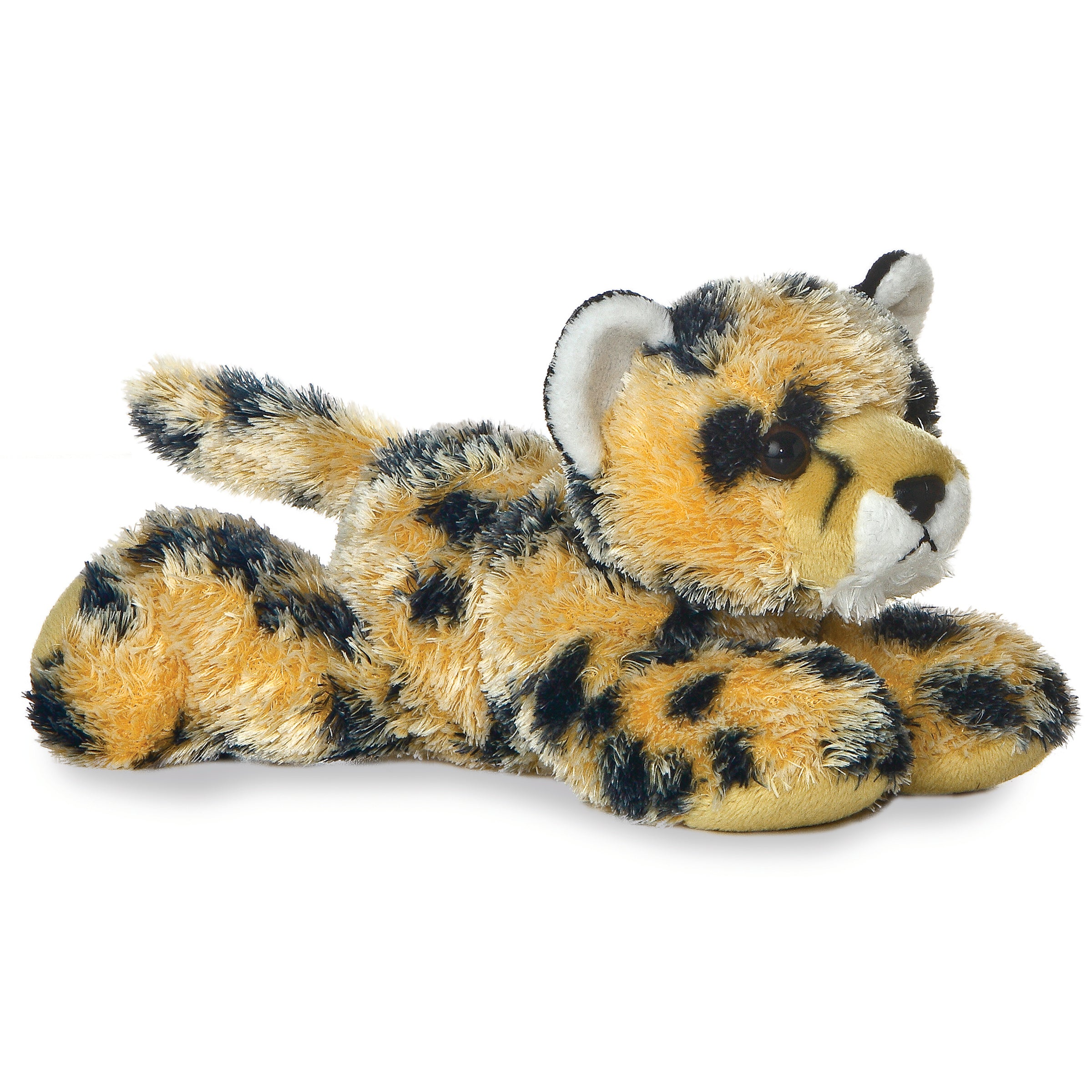 A cheetah plush toy from Mini Flopsie by Aurora with soft spotted fur and a sleek, cuddly body.