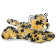 A cheetah plush toy from Mini Flopsie by Aurora with soft spotted fur and a sleek, cuddly body.