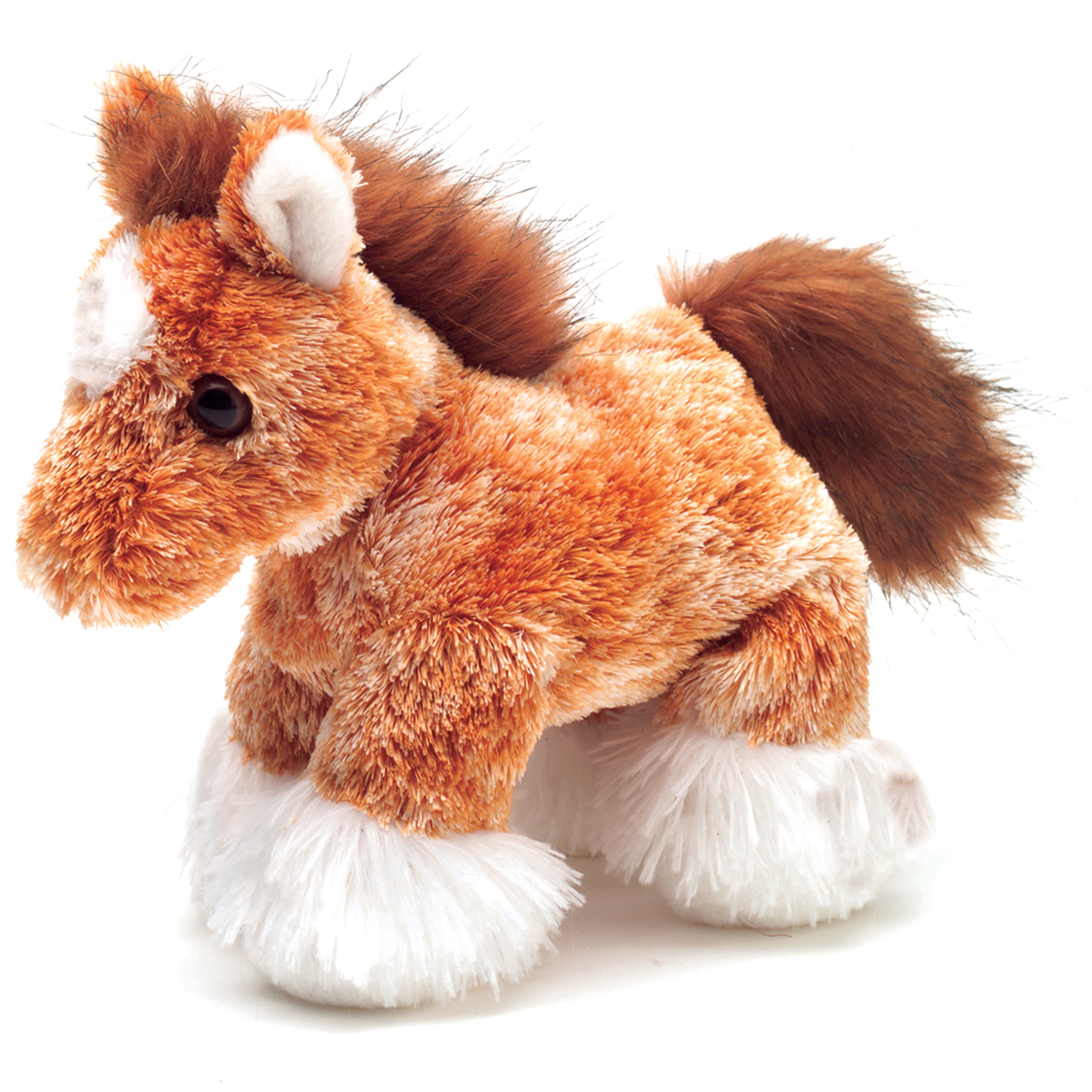 A chestnut horse plush toy from Mini Flopsie by Aurora with white hooves and a fluffy mane and tail.