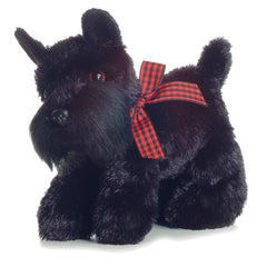 A black Scottish Terrier plush toy from Mini Flopsie by Aurora with a red checkered bow and soft fur.