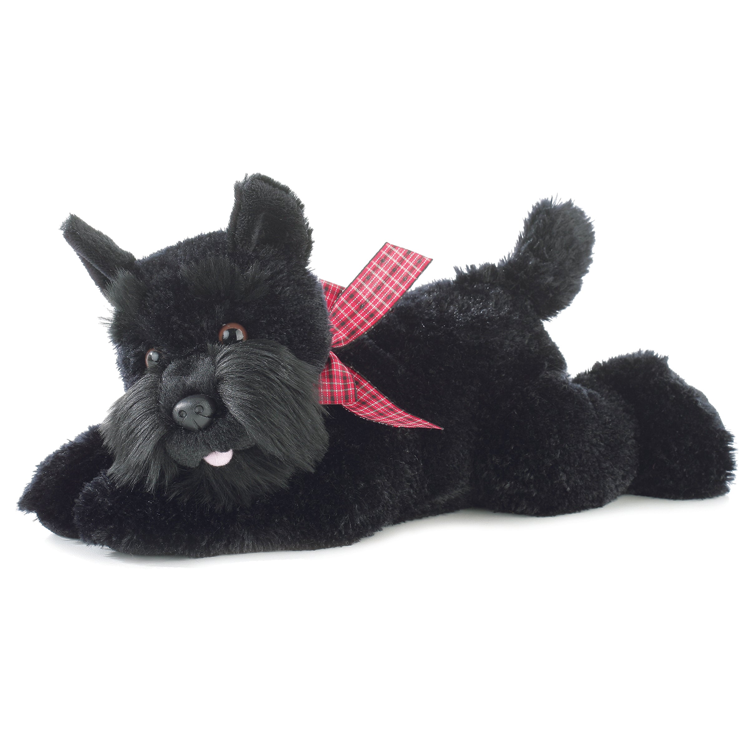 Plush black Scottie dog stuffed animal by Aurora with plaid bow and fuzzy fur, ready to be cuddled.