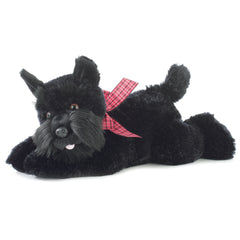 Plush black Scottie dog stuffed animal by Aurora with plaid bow and fuzzy fur, ready to be cuddled.