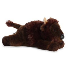 A brown bison plush toy from Mini Flopsie by Aurora with curved horns and realistic facial features.