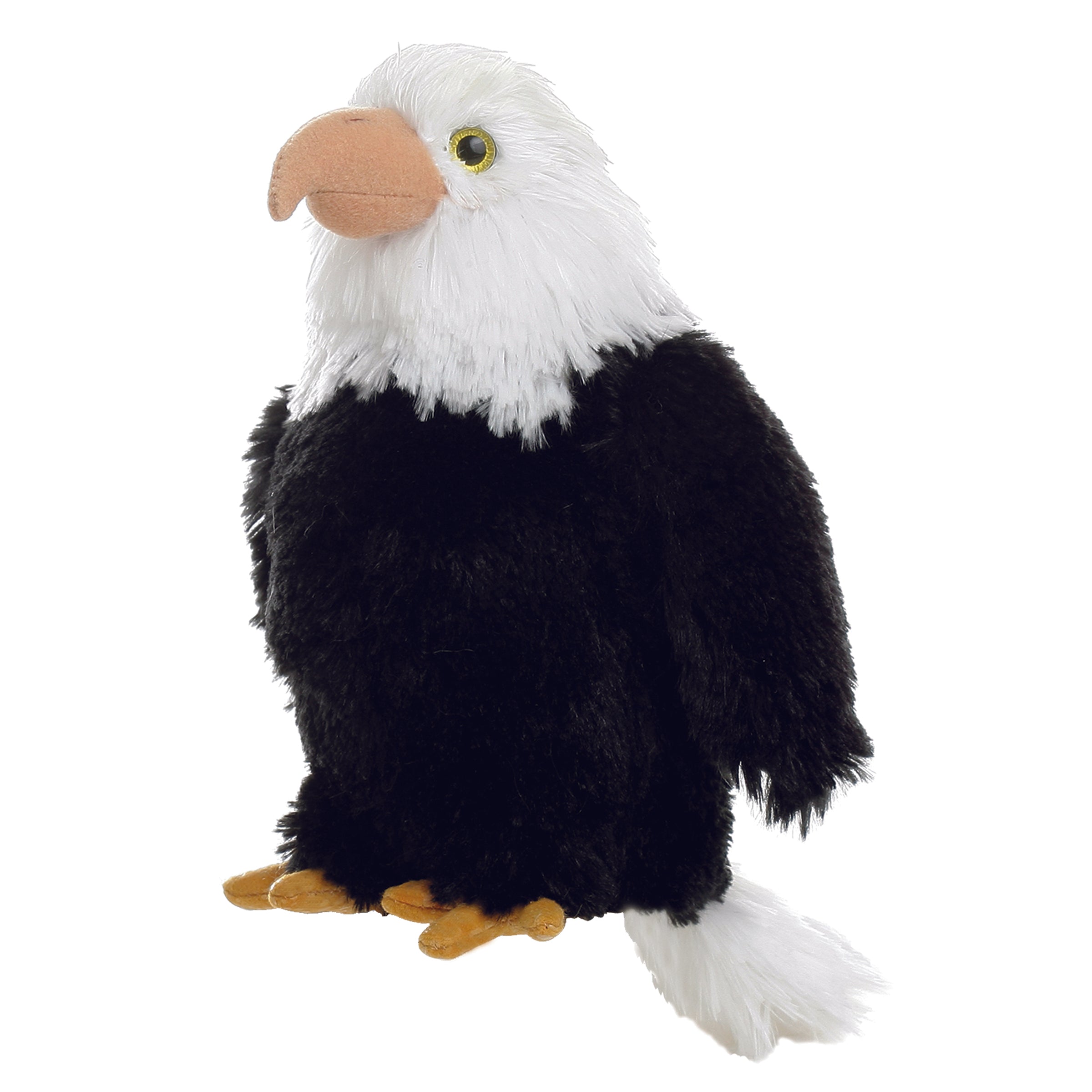Bald eagle plush toy from Mini Flopsie by Aurora with black wings, white head, and lifelike yellow beak.