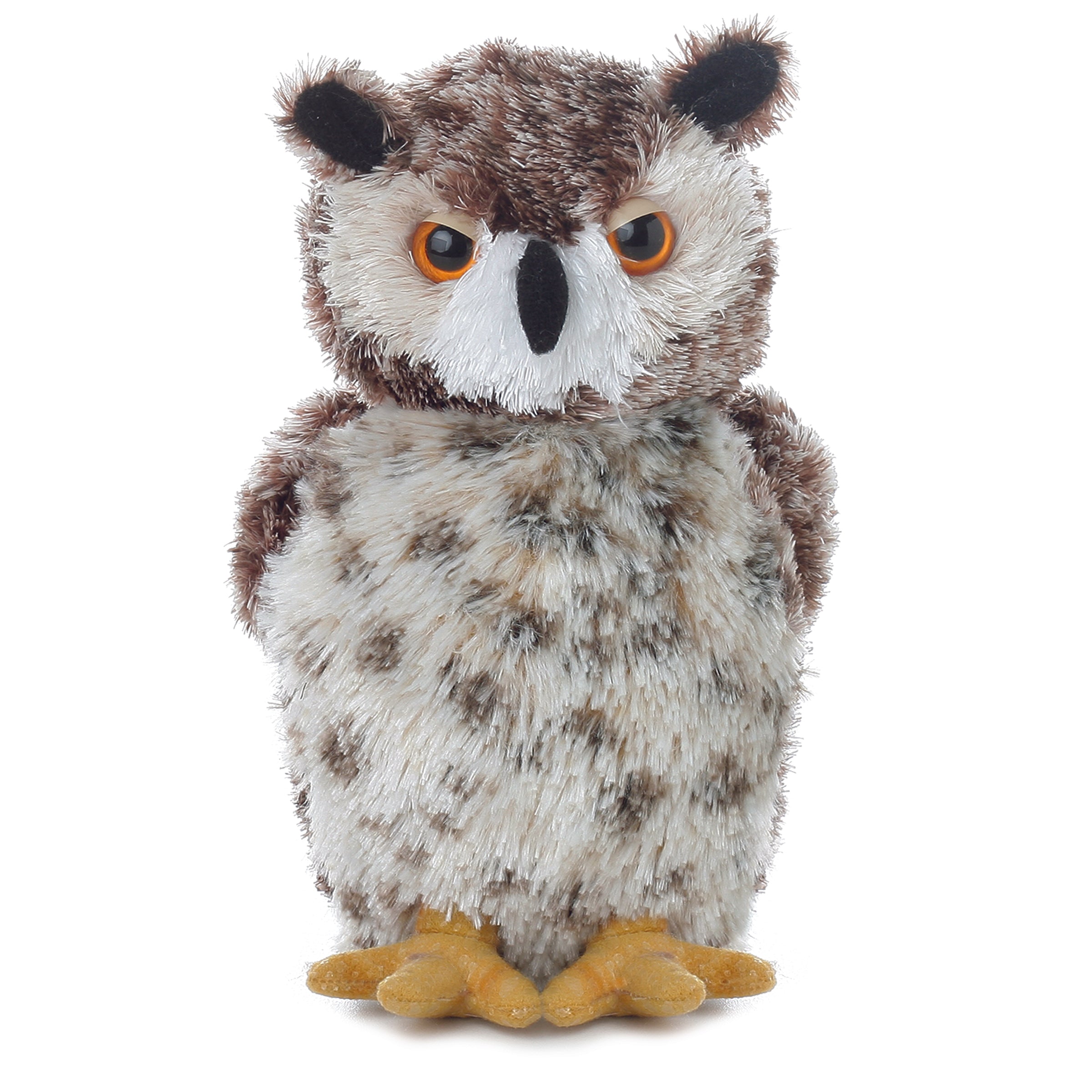 A speckled owl plush toy from Mini Flopsie by Aurora with orange eyes and a detailed beak.