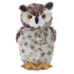 A speckled owl plush toy from Mini Flopsie by Aurora with orange eyes and a detailed beak.