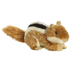 A brown chipmunk plush toy from Mini Flopsie by Aurora with back stripes and a fluffy tail.