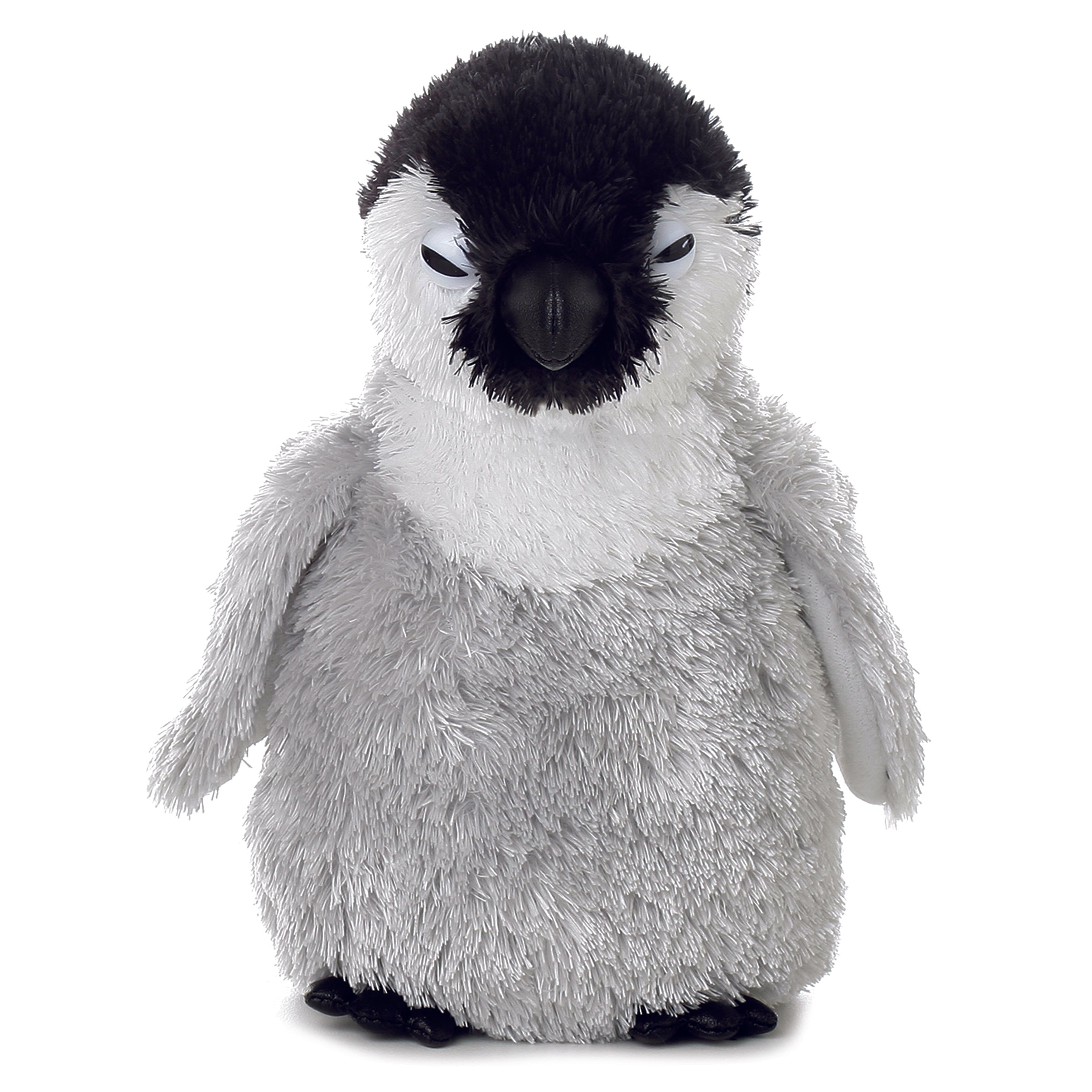 Grey and white baby penguin plush toy from Mini Flopsie by Aurora with chubby features and expressive eyes.