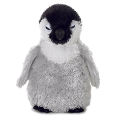 Grey and white baby penguin plush toy from Mini Flopsie by Aurora with chubby features and expressive eyes.