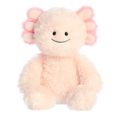 Ultra-soft, gentle pink Tubbie Wubbie Axolotl plushie with a delightfully embroidered, captivating cheerful face.