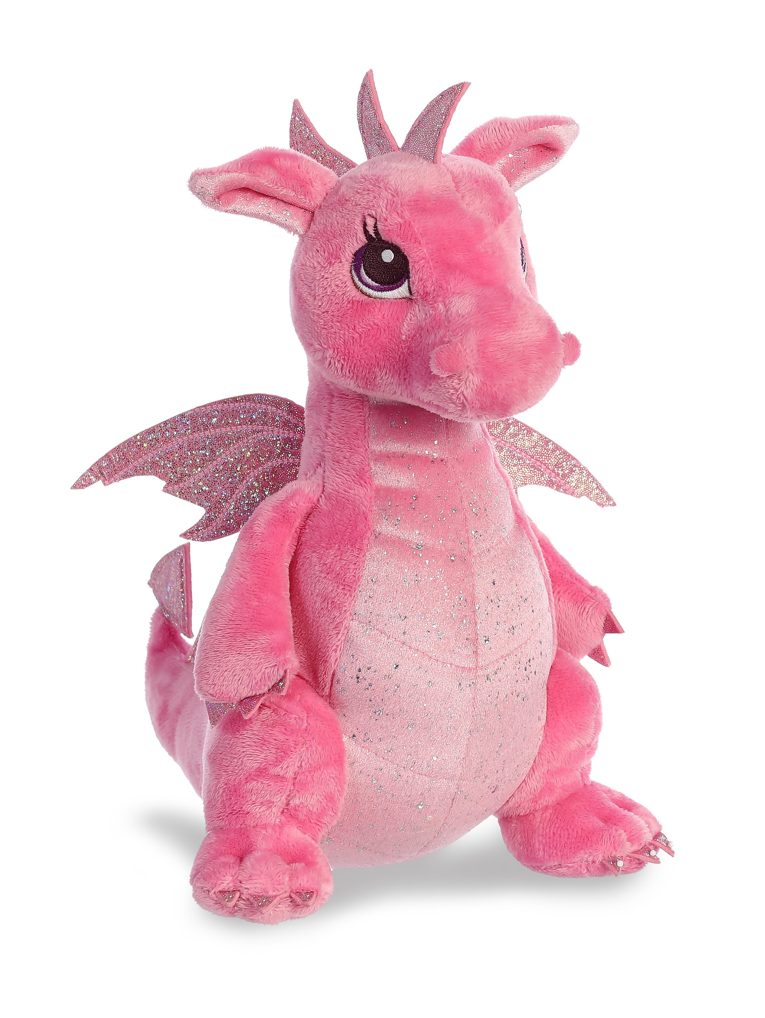 A white unicorn plush toy from Aurora with a colorful rainbow mane and tail, and silver horn and hooves.
