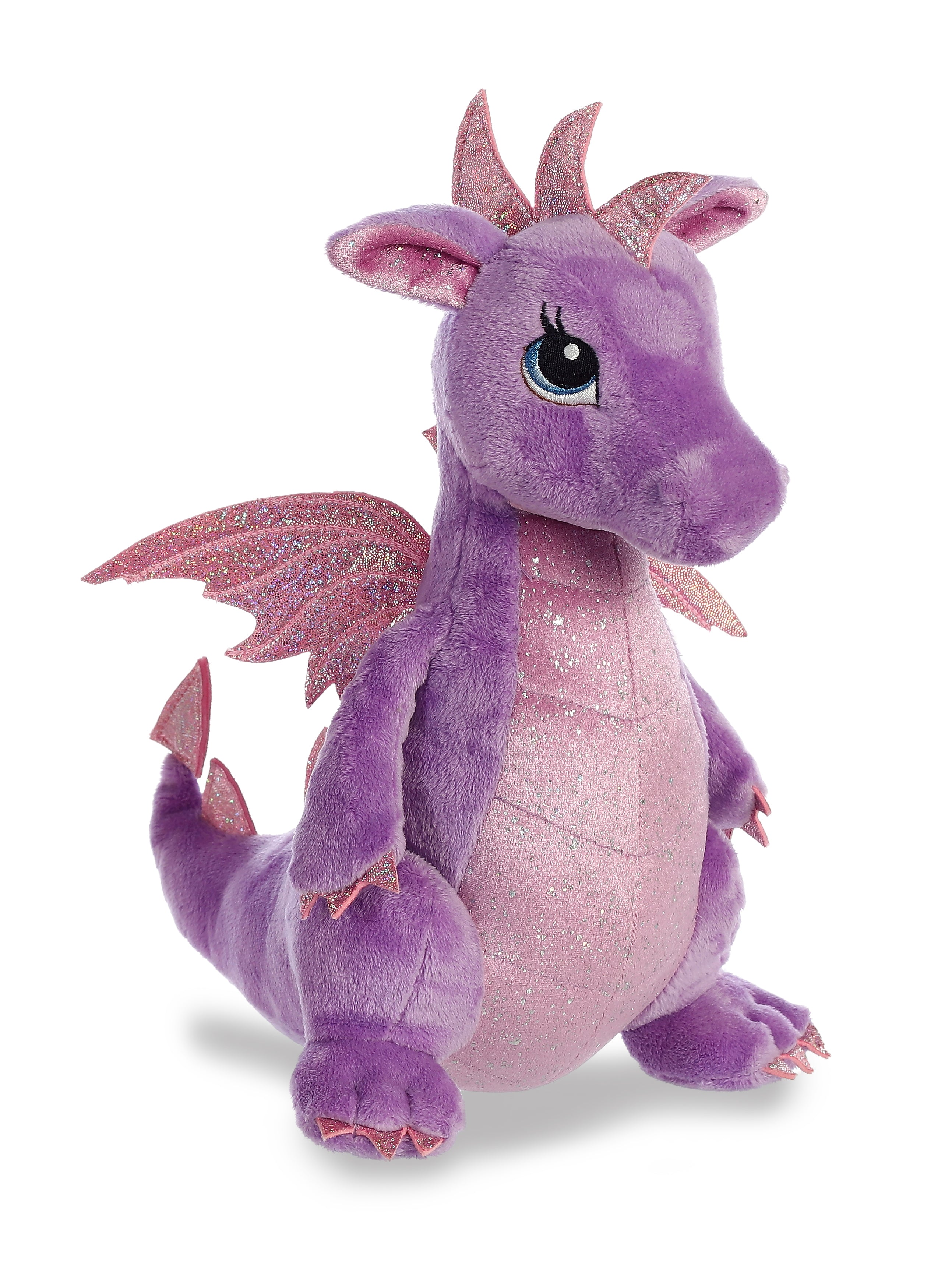 A purple dragon plush toy from Aurora with pink glitter wings and fine sparkling accents across the plush.