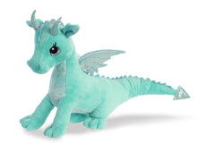 A teal dragon plush toy from Aurora with shimmering wings and magical sparkle embellishments.