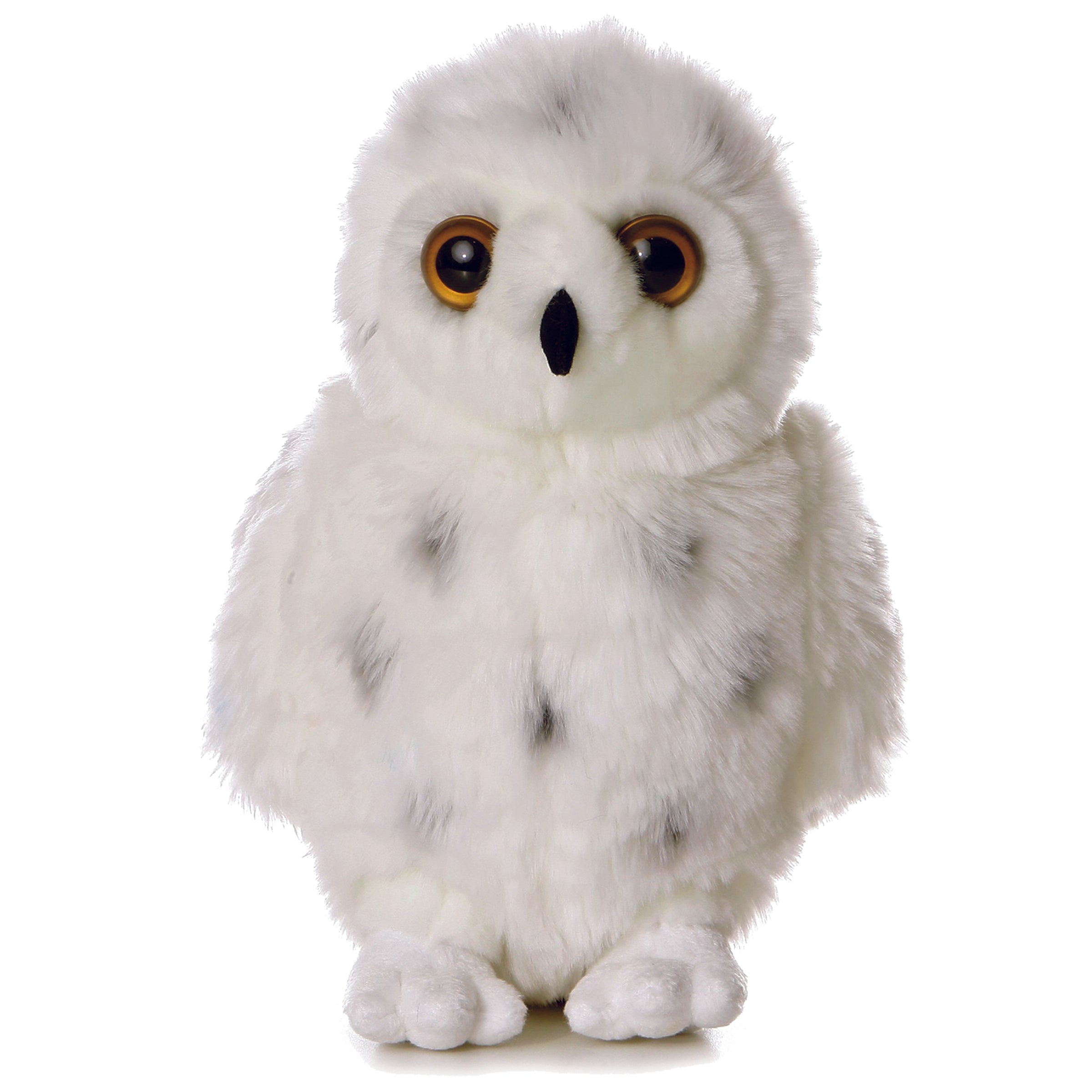 Plush toy of a snowy owl with white plush fur, grey spots, and large round eyes by Aurora plush.