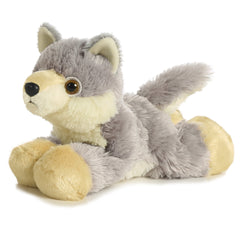 Grey and cream wolf plush toy from Mini Flopsie by Aurora with perky ears and expressive eyes