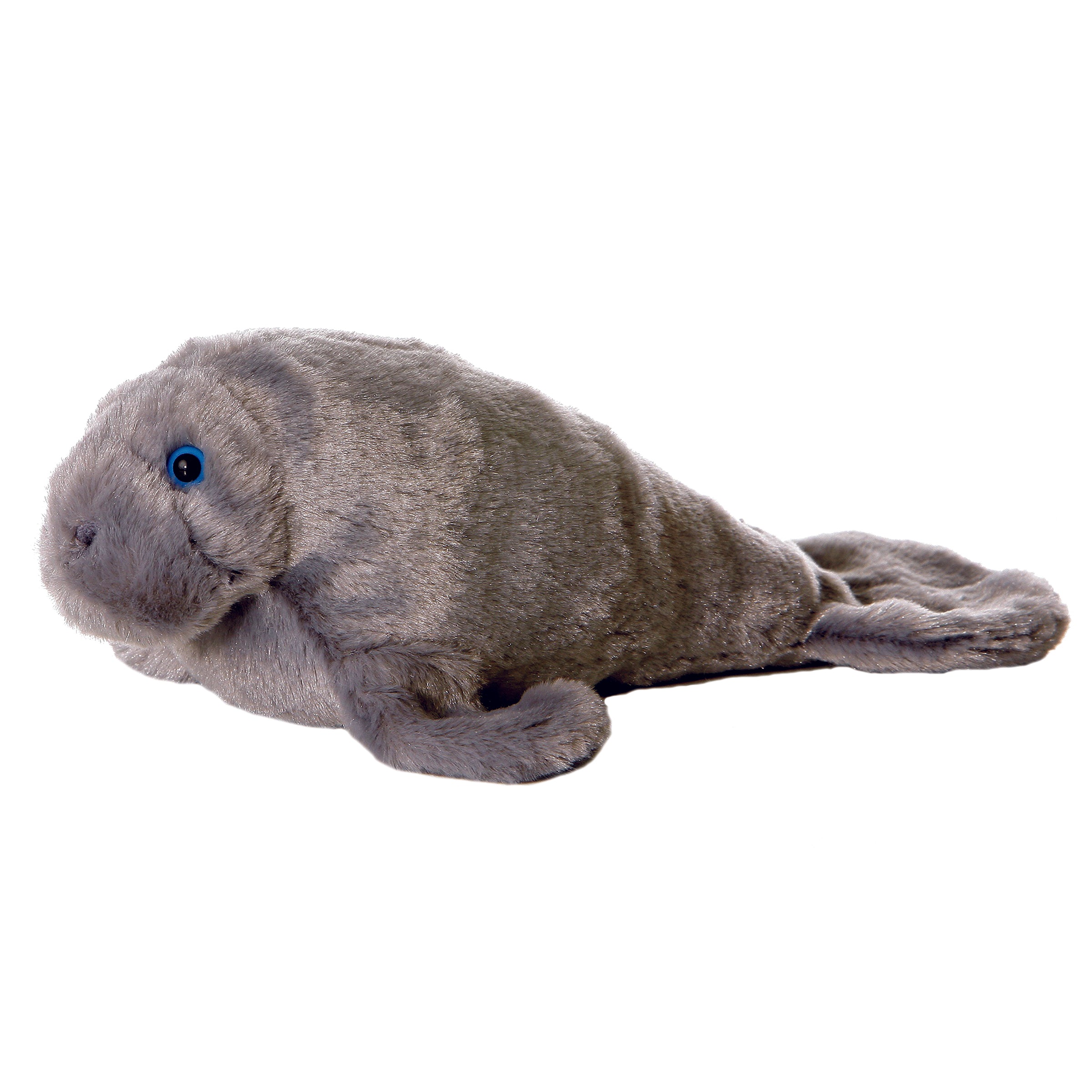 A soft grey manatee plush toy from Mini Flopsie by Aurora with gentle eyes and an endearing expression.