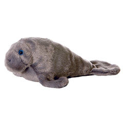 A soft grey manatee plush toy from Mini Flopsie by Aurora with gentle eyes and an endearing expression.