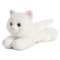 A white kitten plush toy from Mini Flopsie by Aurora with fluffy fur and endearing blue eyes.