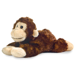 A brown chimpanzee plush toy from Mini Flopsie by Aurora with soft fur and a friendly expression.