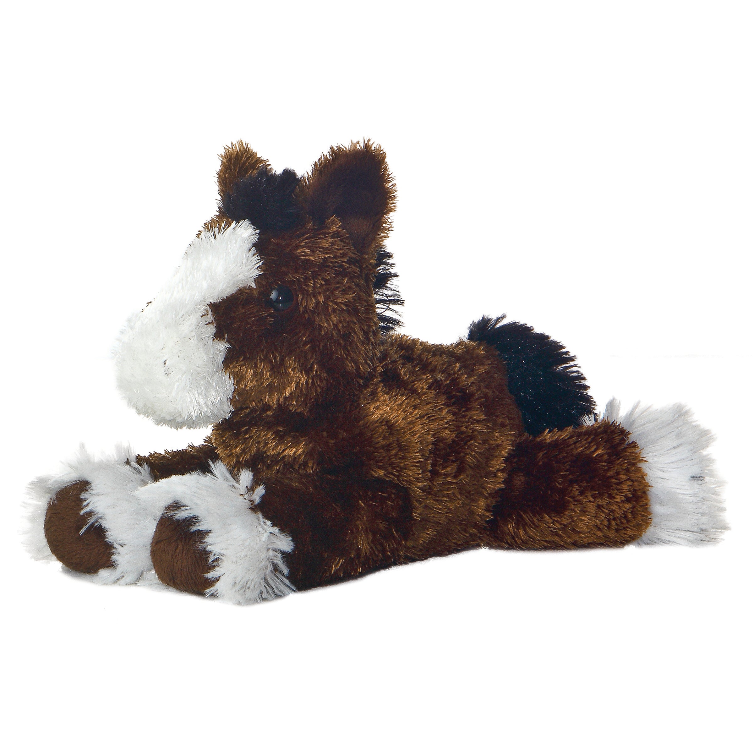 A horse plush from Mini Flopsie by Aurora with a white blaze and fluffy white hooves.