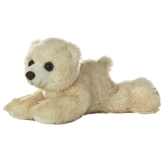 A creamy white polar bear plush toy from Mini Flopsie by Aurora with a black nose and soulful eyes.