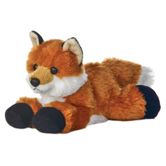 A red fox plush from Mini Flopsie by Aurora with orange fur, black paws, and a white-tipped tail.