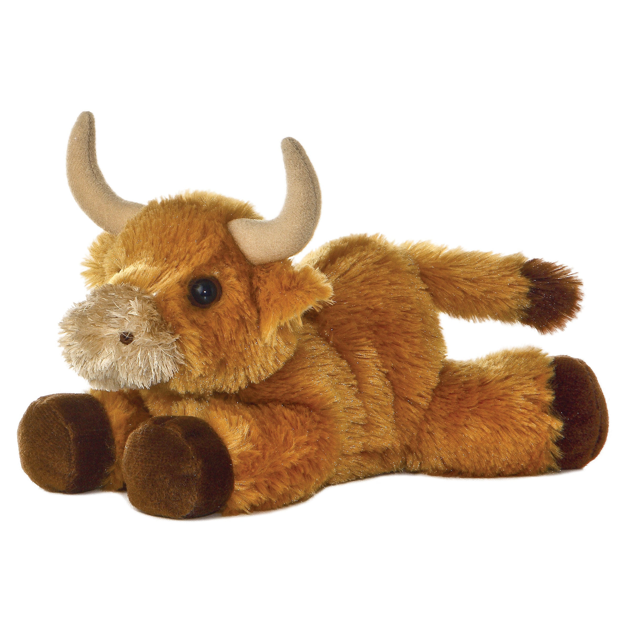 A brown bull plush from Mini Flopsie by Aurora with realistic horns and a fluffy beard.