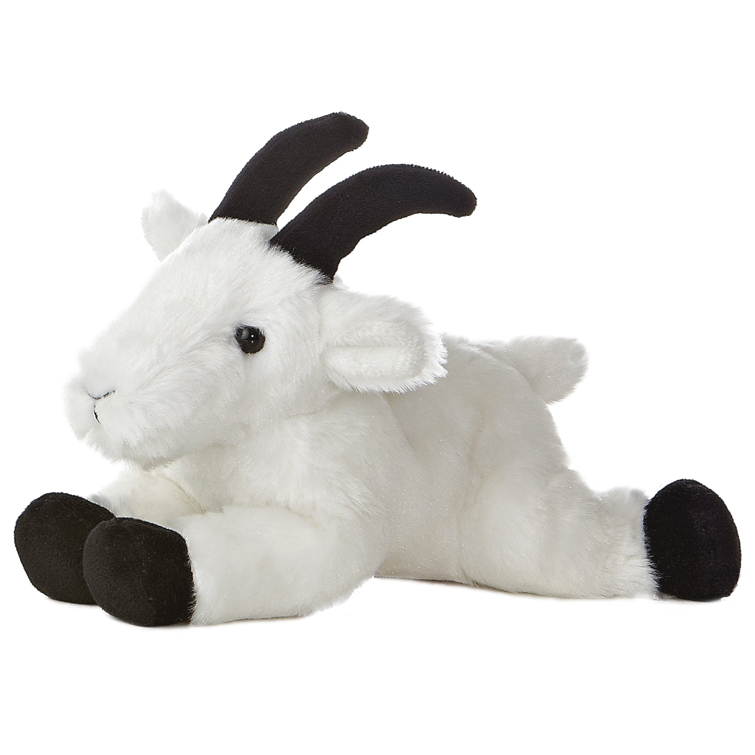A white mountain goat plush from Mini Flopsie by Aurora with black horns and a gentle expression.