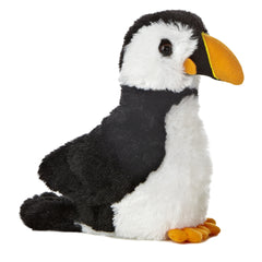 A black and white puffin plush from Mini Flopsie by Aurora with a bright orange beak.