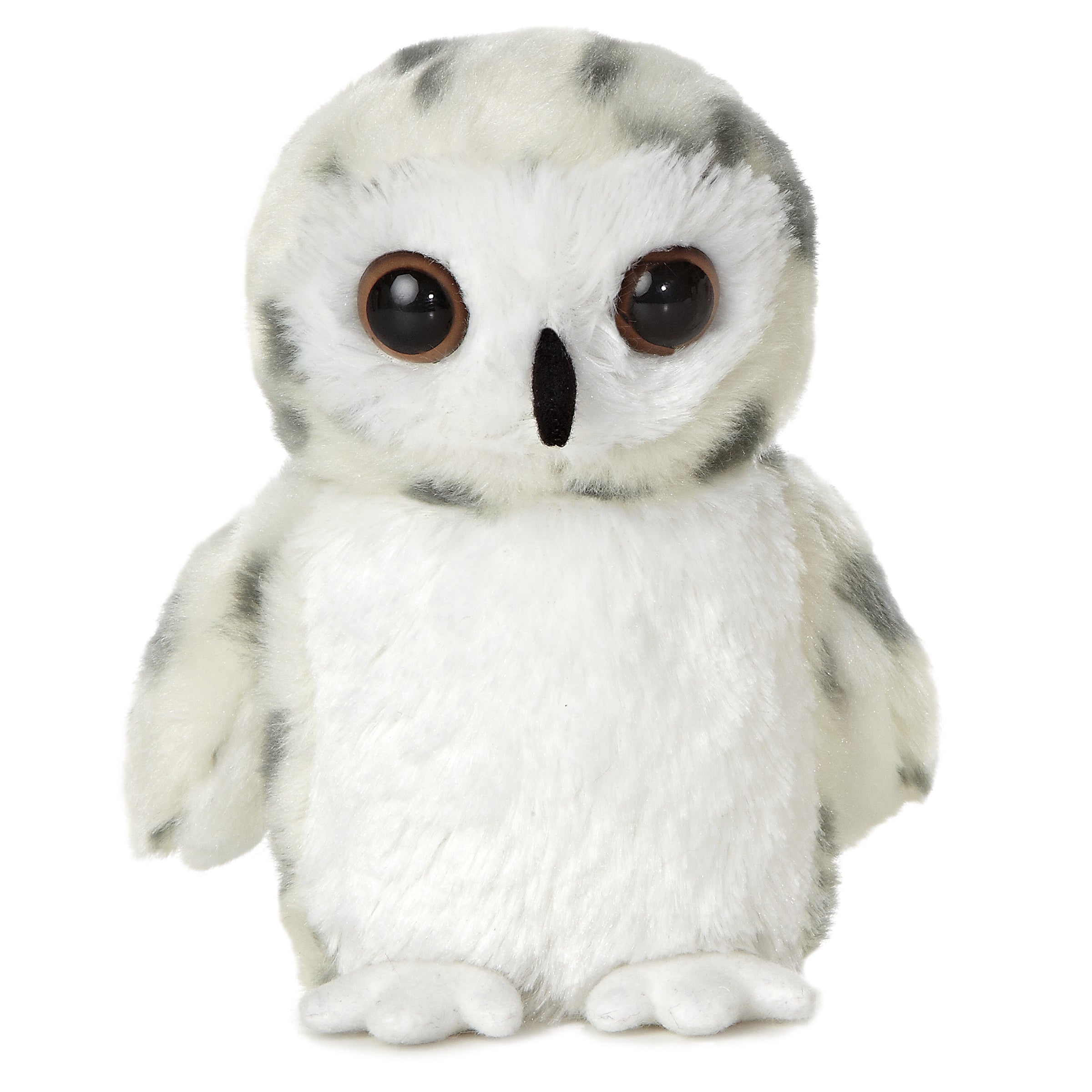 A white snowy owl plush toy from Mini Flopsie with gray accents and large expressive eyes.