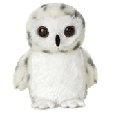 A white snowy owl plush toy from Mini Flopsie with gray accents and large expressive eyes.