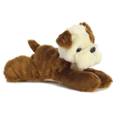 A brown and white bulldog plush toy from Mini Flopsie by Aurora with facial wrinkles and a sweet expression.