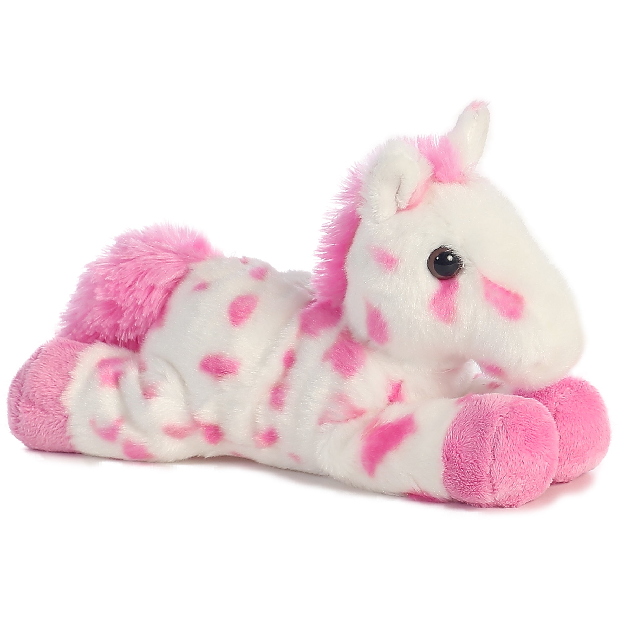 A giraffe plush from Mini Flopsie by Aurora with pink spots, a pink mane, and a sweet face.
