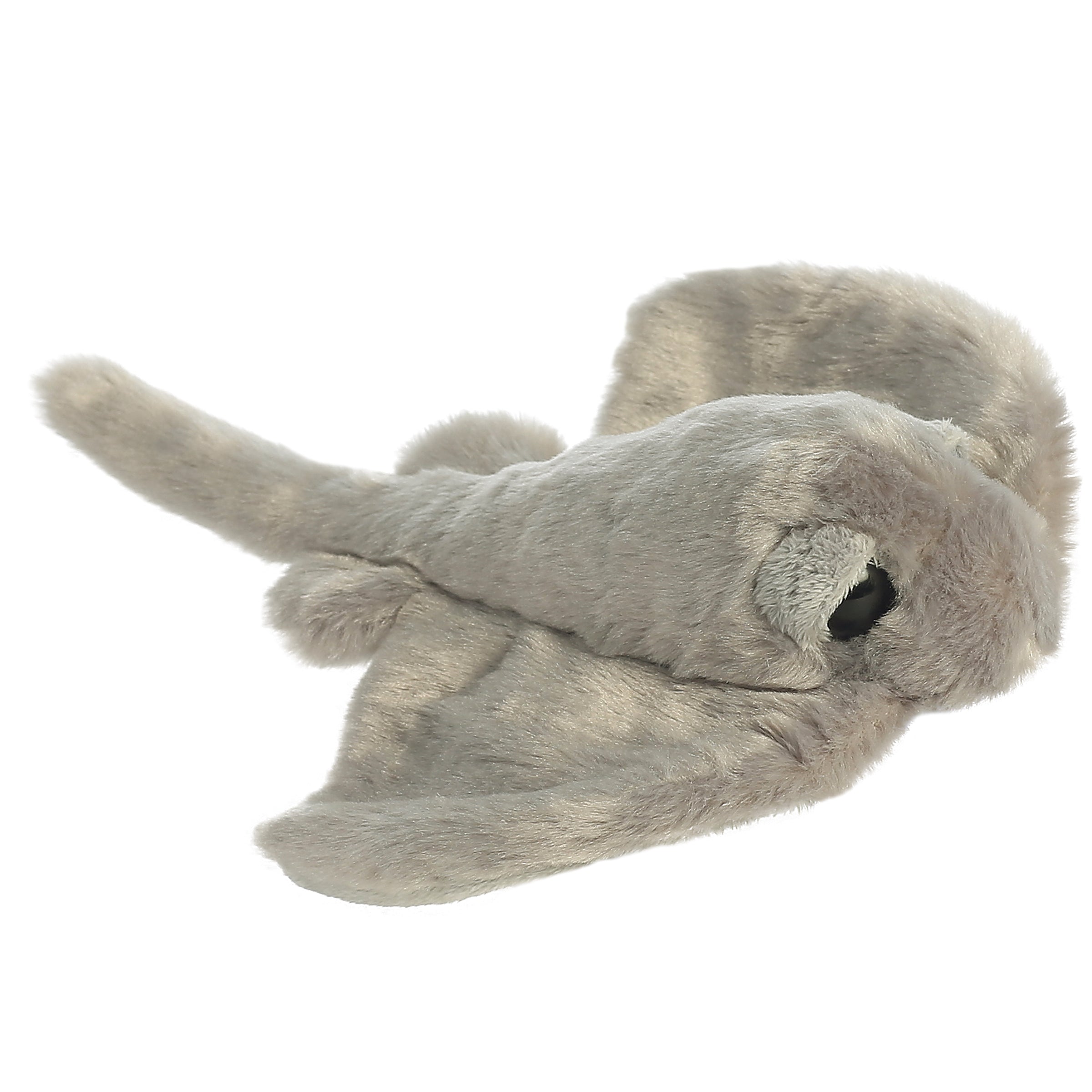 A gray stingray plush animal from Mini Flopsie by Aurora with smooth wings and expressive eyes.