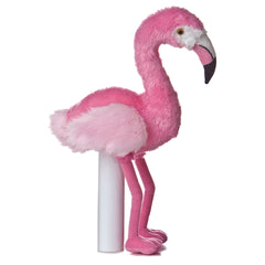 Plush toy of a bright pink flamingo with long legs and fluffy feathers by Aurora stuffed animals.