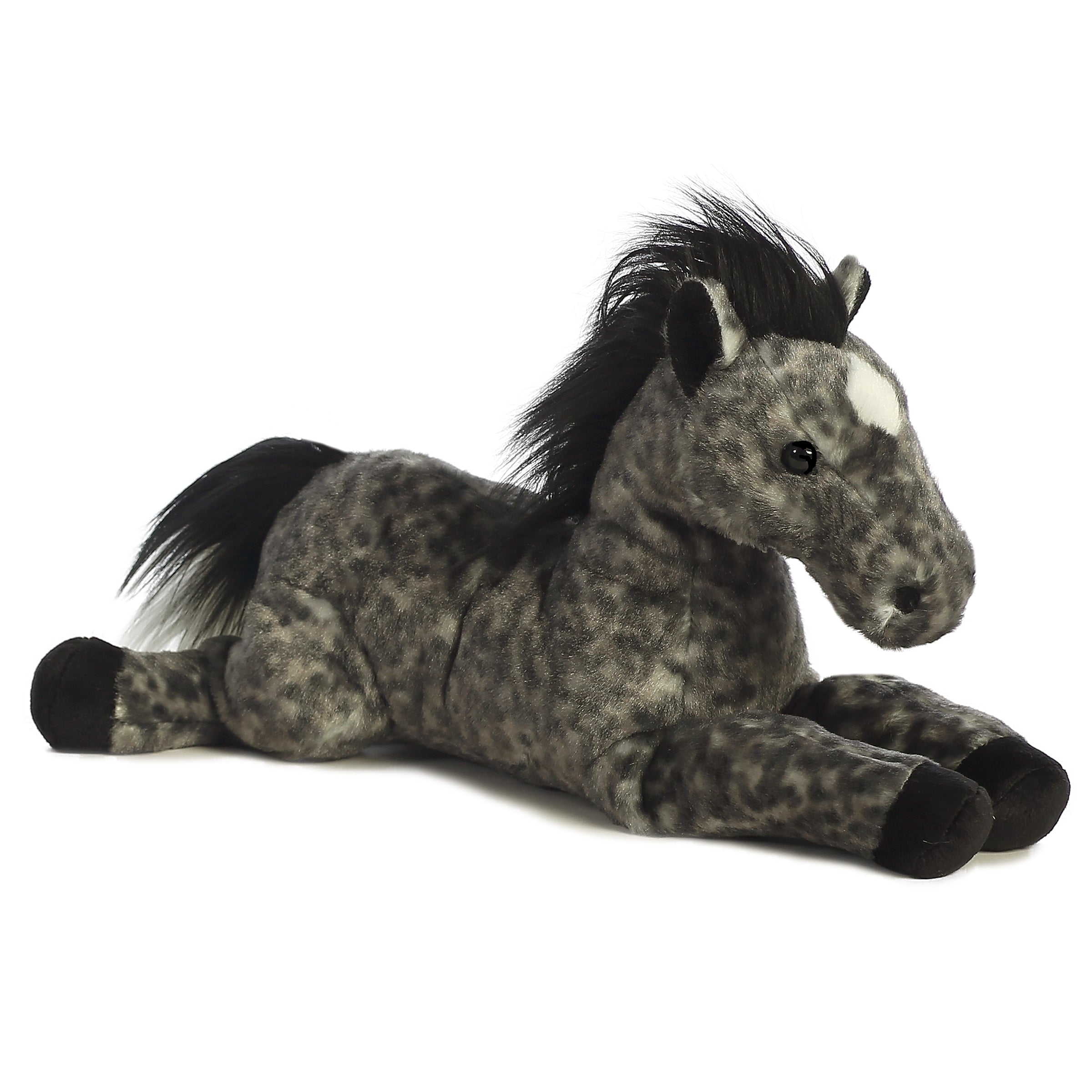 Plush toy of a gray dapple horse with black mane and white mark on its forehead.