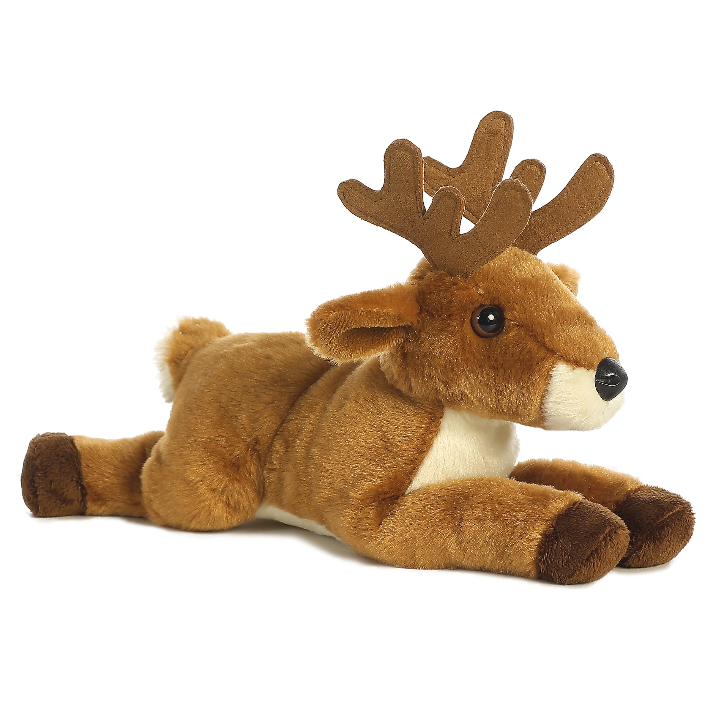 Plush toy of a white-tailed buck with antlers and soft brown fur, posed peacefully.