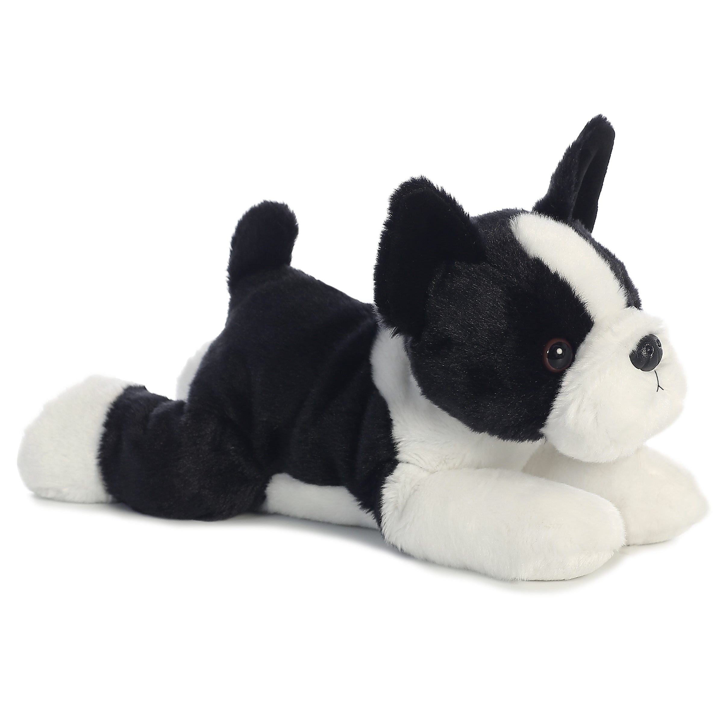 Plush toy of a Boston Terrier dog with black and white fur, upright ears, and playful eyes.
