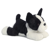 Plush toy of a Boston Terrier dog with black and white fur, upright ears, and playful eyes.