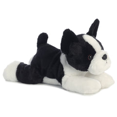 Plush toy of a Boston Terrier dog with black and white fur, upright ears, and playful eyes.